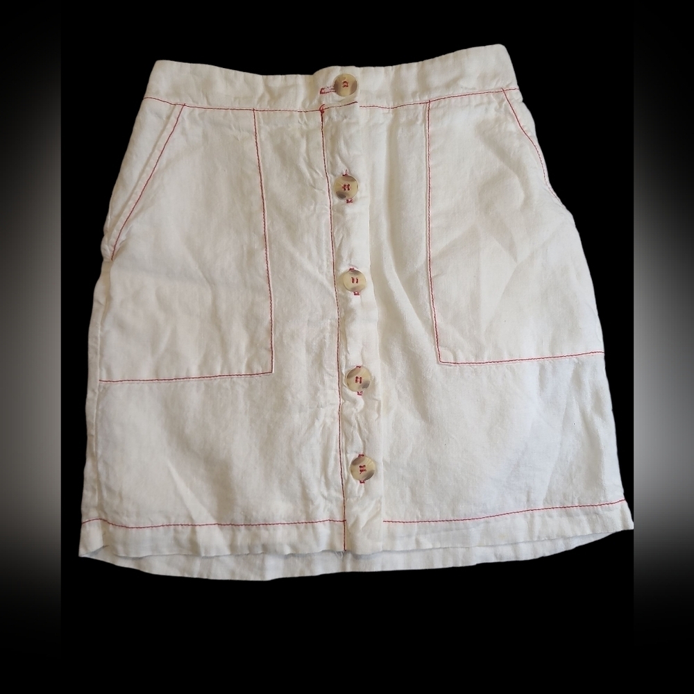 Anthropology AMADI Linen Button-Front Skirt with Red Stitching